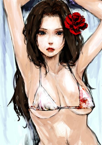 Anime picture 636x900 with original pon00000 (pixiv) single long hair tall image looking at viewer breasts light erotic black hair large breasts bare shoulders hair flower black eyes arms up bare belly lipstick red lipstick girl navel hair ornament