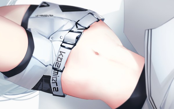 Anime picture 2802x1753 with arknights platinum (arknights) ao oni (onioni-aoi) single highres light erotic lying midriff on back thighs close-up head out of frame clothes writing girl navel shorts short shorts crop top white shorts bike shorts