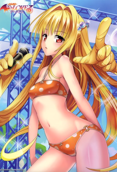 Anime picture 2267x3310 with toloveru toloveru darkness xebec konjiki no yami yabuki kentarou single tall image blush highres light erotic blonde hair red eyes very long hair scan sparkle copyright name lens flare side ponytail girl navel