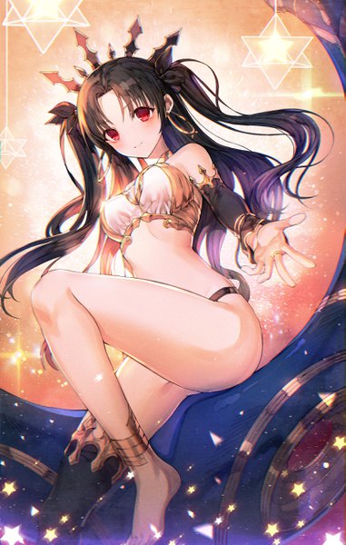 Anime picture 1654x2602 with fate (series) fate/grand order ishtar (fate) kh (kh 1128) single long hair tall image looking at viewer blush fringe breasts light erotic black hair smile red eyes barefoot from below two side up floating hair light