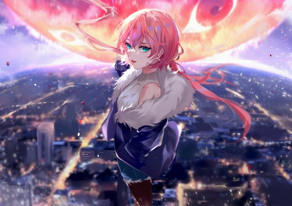 Anime picture 2800x1980 with epic seven tenebria (epic seven) vardan single long hair looking at viewer fringe highres open mouth standing twintails pink hair sky outdoors aqua eyes wind open jacket fur trim lipstick low twintails