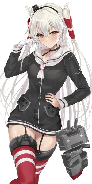 Anime picture 1025x2048 with kantai collection amatsukaze destroyer rensouhou-kun mexif single long hair tall image looking at viewer fringe simple background hair between eyes white background white hair orange eyes two side up zettai ryouiki hand on hip adjusting hair sailor collar girl