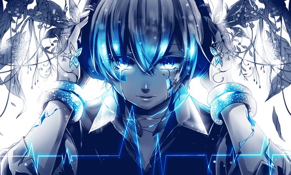 Anime picture 1000x603 with original tlvampire single looking at viewer fringe short hair wide image parted lips lips tears glowing boy flower (flowers) bracelet headphones