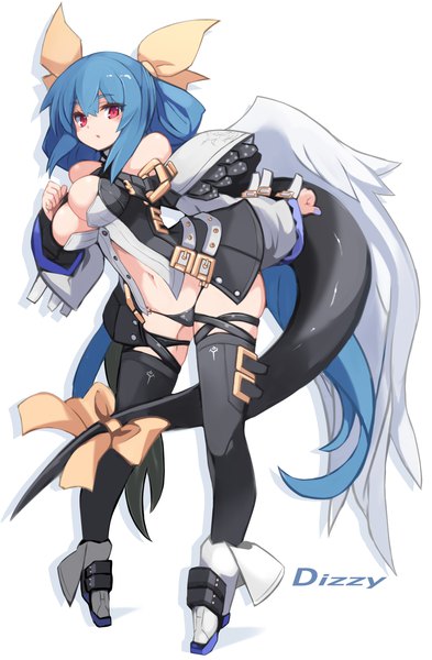 Anime picture 1049x1600 with guilty gear dizzy (guilty gear) karukan (monjya) single long hair tall image looking at viewer blush fringe light erotic simple background hair between eyes red eyes white background blue hair tail inscription character names angel wings black wings