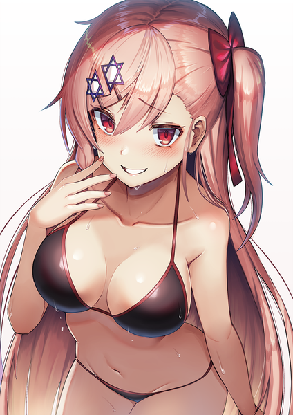 Anime picture 990x1400 with girls frontline negev (girls' frontline) dakunesu single long hair tall image looking at viewer blush fringe breasts light erotic simple background smile hair between eyes red eyes white background bare shoulders pink hair cleavage bare legs