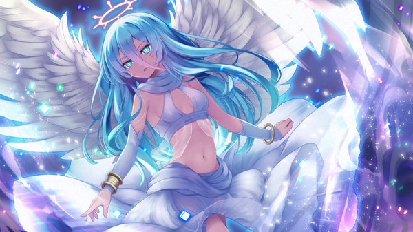 Anime picture 1920x1080 with original yatsuki yura single long hair looking at viewer fringe highres light erotic hair between eyes wide image blue hair cleavage aqua eyes midriff angel wings angel girl navel detached sleeves wings