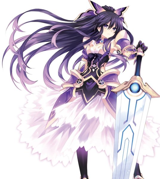 Anime picture 1140x1275 with date a live yatogami tooka tsunako single tall image looking at viewer fringe simple background hair between eyes standing white background purple eyes holding purple hair ponytail very long hair floating hair half updo serious girl