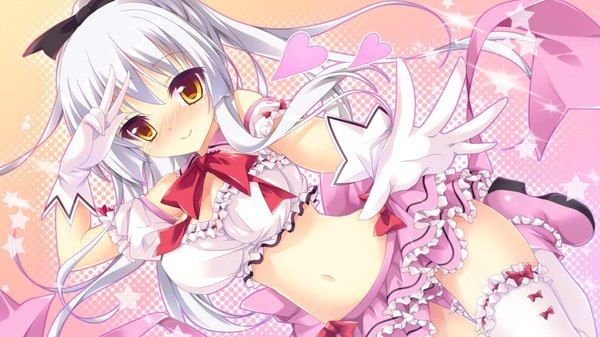 Anime picture 1024x576 with hanayome to maou kuzuryuu tooko single long hair looking at viewer blush smile wide image yellow eyes game cg white hair midriff girl thighhighs gloves navel bow hair bow white thighhighs frills