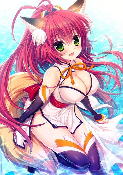 Anime picture 1000x1414 with original hagino kouta single tall image looking at viewer blush fringe breasts open mouth light erotic smile hair between eyes large breasts bare shoulders green eyes animal ears bent knee (knees) ponytail red hair tail