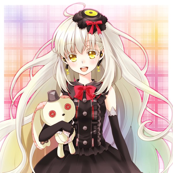 Anime picture 1500x1500 with vocaloid mayu (vocaloid) usano mimi aoi (kiyokiyoaomushi) single long hair open mouth yellow eyes white hair girl dress gloves hat elbow gloves toy stuffed animal