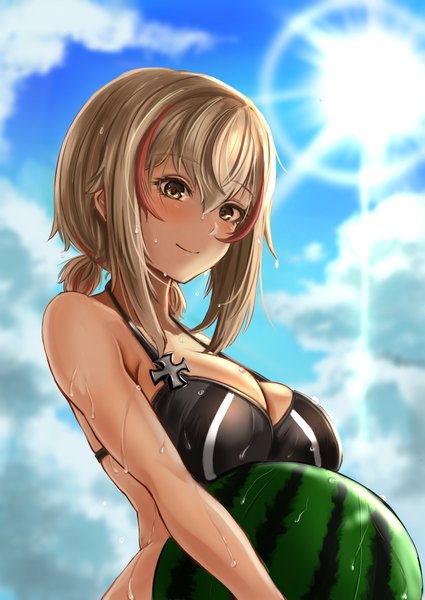 Anime picture 1505x2125 with azur lane roon (azur lane) chushou wang single tall image looking at viewer blush fringe short hair breasts light erotic blonde hair smile hair between eyes large breasts standing bare shoulders holding brown eyes payot