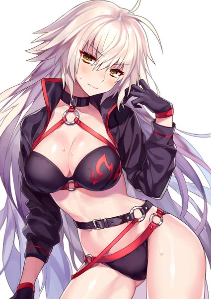 Anime picture 2508x3541 with fate (series) fate/grand order jeanne d'arc (fate) (all) jeanne d'arc alter (fate) jeanne d'arc alter (swimsuit berserker) (fate) comeo single long hair tall image looking at viewer blush fringe highres breasts light erotic simple background large breasts standing white background yellow eyes
