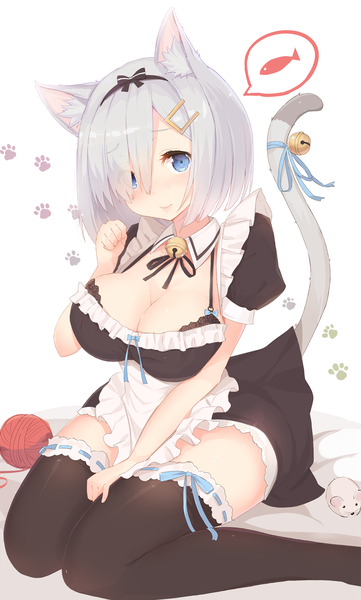 Anime picture 1000x1660 with kantai collection hamakaze destroyer kagerou (shadowmage) single tall image blush fringe short hair breasts blue eyes light erotic smile large breasts sitting animal ears silver hair full body tail animal tail cat ears