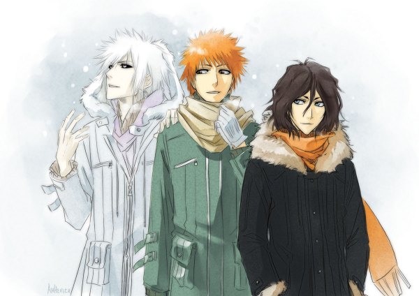 Anime picture 1200x848 with bleach studio pierrot kurosaki ichigo zangetsu anhellica short hair black hair white hair orange hair hands in pockets hollow boy gloves scarf winter clothes