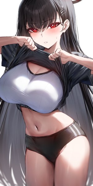 Anime picture 1050x2100 with blue archive rio (blue archive) neshia (tsaqif0309) single long hair tall image looking at viewer blush fringe breasts light erotic black hair simple background red eyes large breasts standing white background blunt bangs parted lips arms up