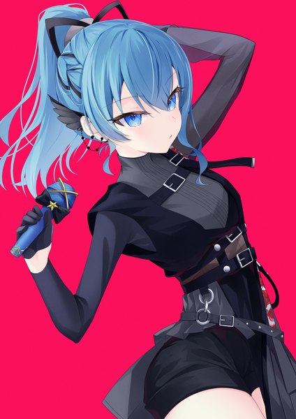 Anime picture 2894x4093 with virtual youtuber hololive hoshimachi suisei hoshimachi suisei (shout in crisis) mia (mk2022) single long hair tall image fringe highres blue eyes simple background hair between eyes blue hair ponytail official alternate costume red background girl gloves black gloves
