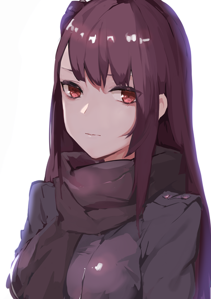 Anime-Bild 3507x4960 mit girls frontline wa2000 (girls frontline) inxst single long hair tall image looking at viewer blush fringe highres breasts simple background red eyes large breasts white background absurdres purple hair upper body portrait girl