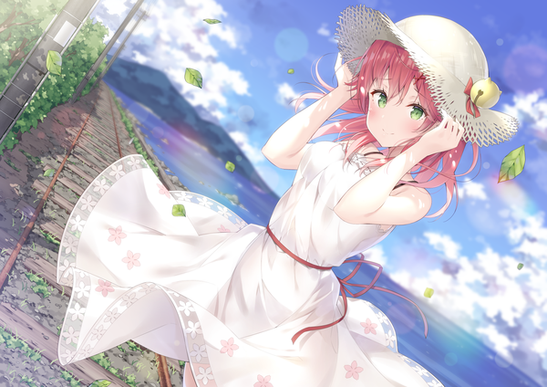 Anime picture 1600x1131 with virtual youtuber hololive sakura miko hatsuki kaname single long hair looking at viewer blush fringe hair between eyes standing green eyes pink hair sky cloud (clouds) outdoors light smile wind dutch angle depth of field