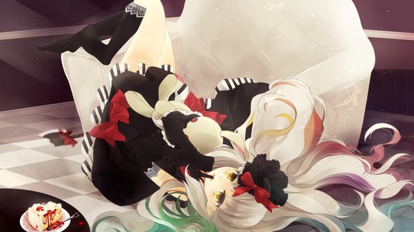 Anime picture 1245x700 with vocaloid mayu (vocaloid) usano mimi oluha single long hair looking at viewer wide image yellow eyes white hair wallpaper finger to mouth girl dress gloves bow weapon hat socks elbow gloves