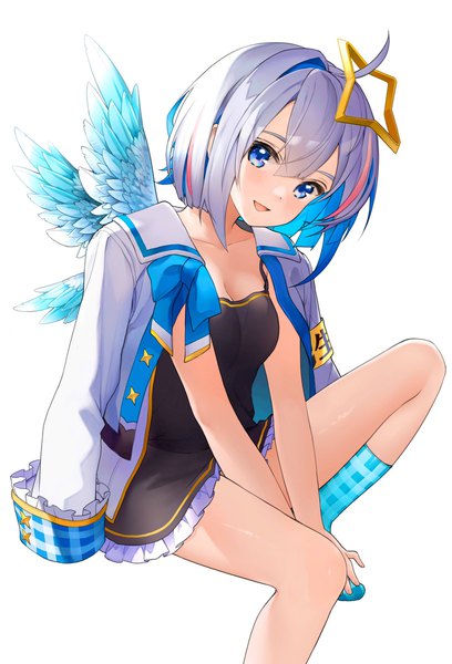 Anime picture 1392x2048 with virtual youtuber hololive amane kanata amane kanata (1st costume) tate yukimi single tall image fringe short hair open mouth blue eyes simple background hair between eyes white background sitting silver hair ahoge :d multicolored hair streaked hair