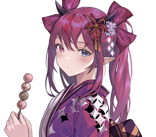 Anime picture 3729x3292 with virtual youtuber hololive hololive english irys (hololive) soybean (hisoybean) single long hair looking at viewer fringe highres hair between eyes twintails absurdres purple hair upper body traditional clothes japanese clothes horn (horns) pointy ears heterochromia