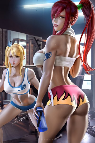 Anime-Bild 2339x3508 mit fairy tail lucy heartfilia erza scarlet zumi (zumidraws) long hair tall image looking at viewer fringe highres breasts open mouth light erotic blonde hair hair between eyes large breasts standing bare shoulders multiple girls holding brown eyes