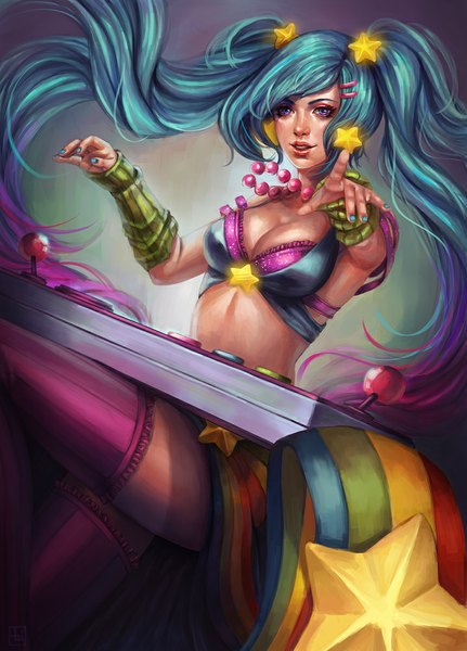 Anime picture 719x1000 with league of legends sona buvelle arcade sona (league of legends) abigail diaz single long hair tall image looking at viewer breasts light erotic purple eyes twintails nail polish multicolored hair fingernails lips realistic gradient hair pointing girl
