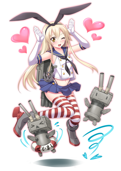 Anime picture 827x1169 with kantai collection shimakaze destroyer rensouhou-chan rozario00 long hair tall image blush open mouth blonde hair yellow eyes one eye closed wink girl thighhighs skirt gloves bow weapon hair bow miniskirt