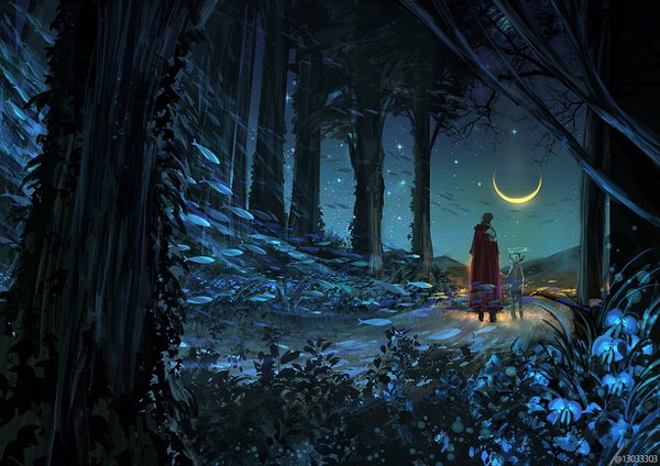 Anime picture 1228x868 with original arizuka (13033303) short hair brown hair standing signed from behind night night sky watermark glow crescent boy flower (flowers) plant (plants) animal tree (trees) moon star (stars) halo