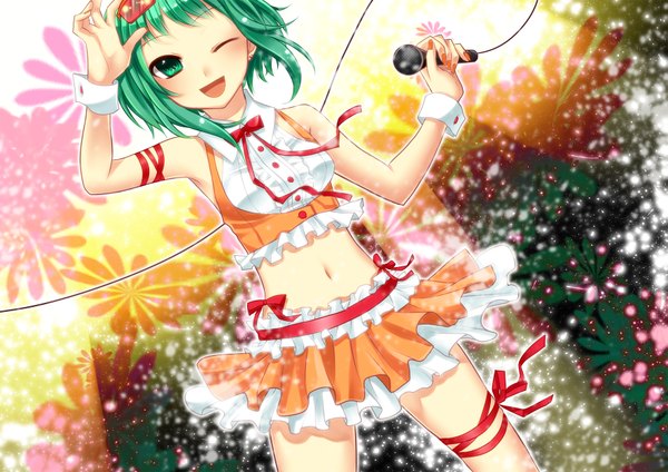 Anime picture 1771x1254 with vocaloid gumi yayoi (egoistic realism) single highres short hair open mouth green eyes one eye closed green hair wink girl ribbon (ribbons) miniskirt microphone