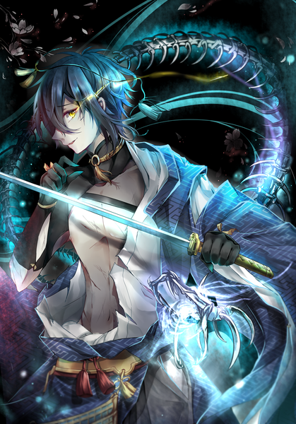Anime picture 1000x1433 with touken ranbu nitroplus mikazuki munechika tlvampire single tall image looking at viewer fringe short hair holding yellow eyes blue hair traditional clothes parted lips japanese clothes profile wide sleeves torn clothes glowing scar