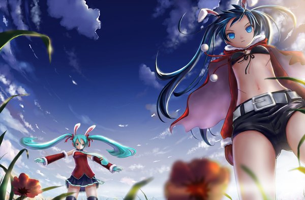 Anime picture 1780x1168 with black rock shooter vocaloid hatsune miku kuroi mato long hair highres blue eyes black hair twintails multiple girls green eyes sky cloud (clouds) green hair bunny ears scar girl 2 girls necktie shorts