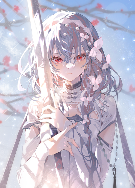Anime picture 1868x2600 with original arutera single long hair tall image looking at viewer fringe highres hair between eyes red eyes holding silver hair upper body braid (braids) single braid snowing expressionless girl weapon sword