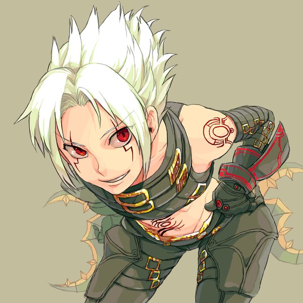 Anime picture 1067x1067 with .hack// .hack//g.u. haseo kmk single looking at viewer short hair simple background smile red eyes white hair midriff tattoo leaning leaning forward groin facial mark brown background spiked hair hands on hips