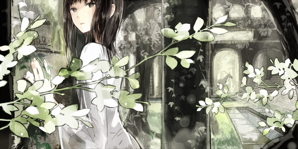 Anime picture 1000x500 with shadow of the colossus agro mono ichita single long hair looking at viewer fringe black hair wide image standing outdoors parted lips black eyes wide sleeves girl dress plant (plants) animal white dress