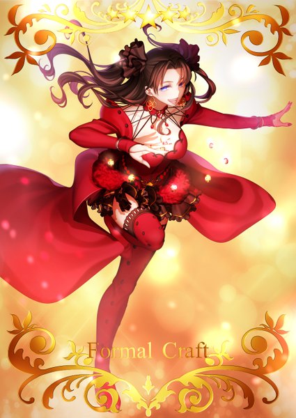 Anime picture 1000x1411 with fate (series) fate/stay night type-moon toosaka rin arkray single long hair tall image looking at viewer open mouth blue eyes black hair girl thighhighs dress detached sleeves
