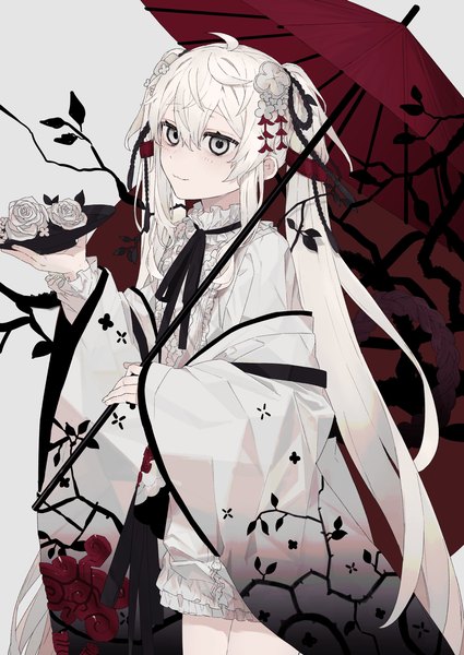 Anime picture 2508x3541 with original rairyuu single long hair tall image looking at viewer fringe highres simple background smile hair between eyes white background twintails ahoge white hair long sleeves traditional clothes japanese clothes wide sleeves floral print