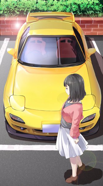 Anime picture 2279x4096 with original mazda funyariko single tall image fringe highres short hair black hair smile standing brown eyes looking away full body outdoors profile from above shadow high heels lens flare