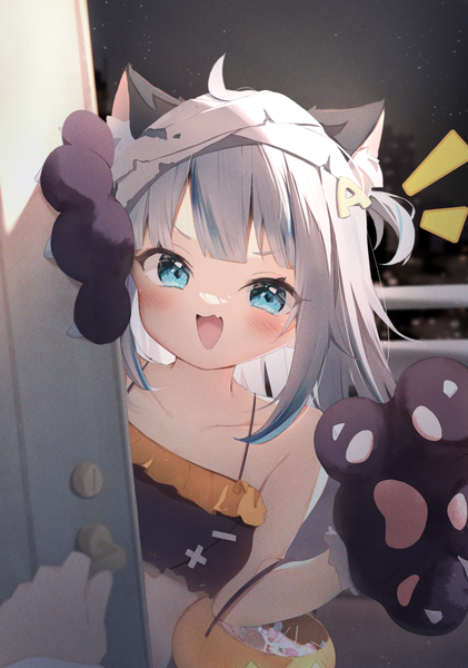 Anime picture 1230x1751 with virtual youtuber hololive hololive english gawr gura seboneko single long hair tall image looking at viewer blush open mouth blue eyes animal ears silver hair :d halloween pov trick or treat girl gloves