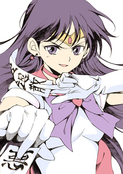 Anime picture 852x1200 with bishoujo senshi sailor moon toei animation hino rei sailor mars agahari single long hair tall image looking at viewer open mouth simple background white background purple eyes purple hair girl gloves earrings elbow gloves white gloves ofuda