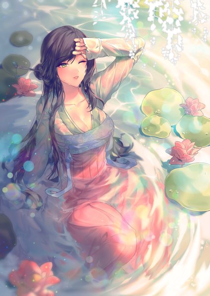 Anime picture 2149x3035 with original black joa single long hair tall image blush fringe highres breasts black hair large breasts sitting green eyes looking away cleavage bent knee (knees) long sleeves traditional clothes parted lips one eye closed