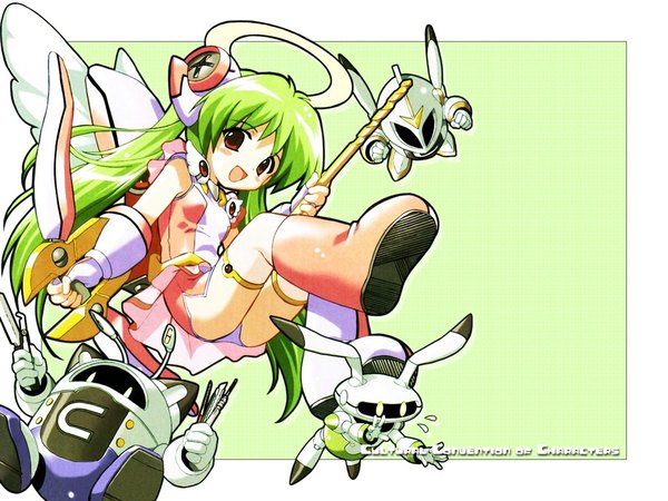 Anime picture 1024x768 with light erotic green hair pantyshot chibi underwear panties wings boots halo bow (weapon) robot pen wand