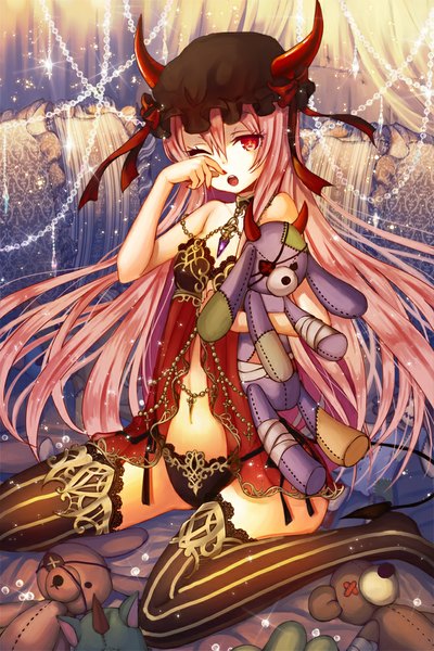 Anime picture 667x1000 with uka (artist) single long hair tall image open mouth light erotic red eyes bare shoulders pink hair tail one eye closed horn (horns) wink demon girl demon tail sleepy girl thighhighs navel underwear