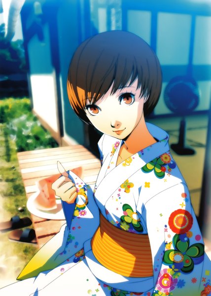 Anime picture 2755x3858 with persona satonaka chie soejima shigenori tall image highres short hair brown hair japanese clothes orange eyes summer girl kimono