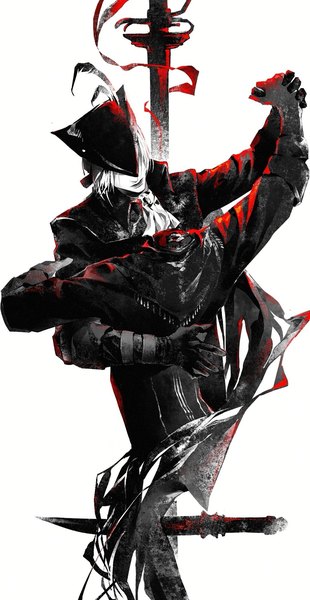 Anime picture 1080x2090 with bloodborne from software lady maria of the astral clocktower hunter (bloodborne) megasus tall image short hair simple background white background white hair holding hands dancing hat over eyes headless girl boy weapon hat sword