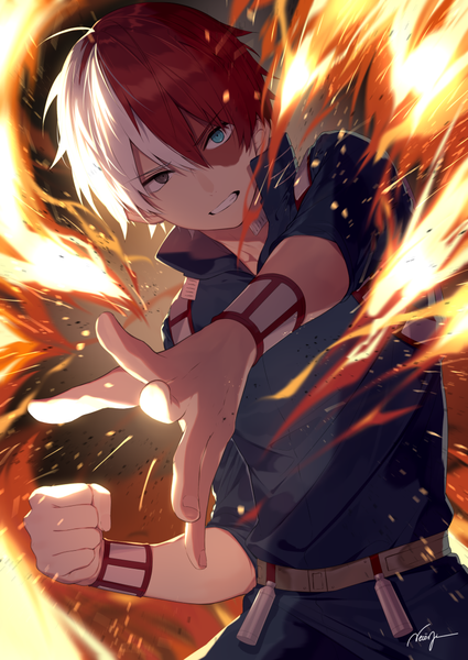 Anime-Bild 800x1130 mit boku no hero academia studio bones todoroki shouto necomi (gussan) single tall image looking at viewer fringe short hair blue eyes hair between eyes standing signed ahoge white hair red hair multicolored hair black eyes two-tone hair heterochromia