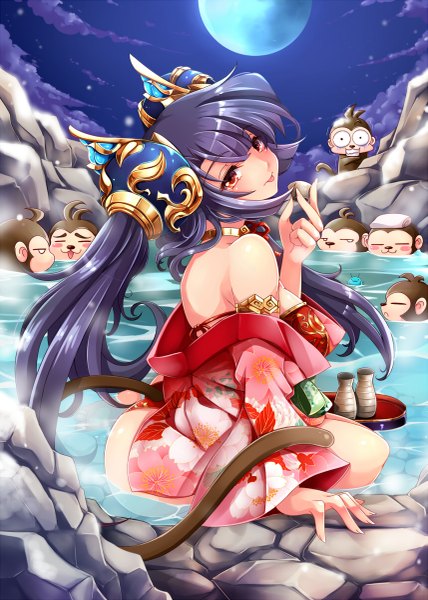 Anime picture 857x1200 with original aata1007 single long hair tall image light erotic black hair red eyes sitting twintails traditional clothes japanese clothes girl animal kimono moon onsen monkey