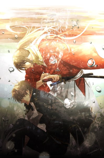 Anime picture 1046x1578 with gintama sunrise (studio) okita sougo hirosesai long hair tall image fringe short hair blonde hair holding ponytail eyes closed traditional clothes japanese clothes grey background underwater dual wielding boy uniform weapon