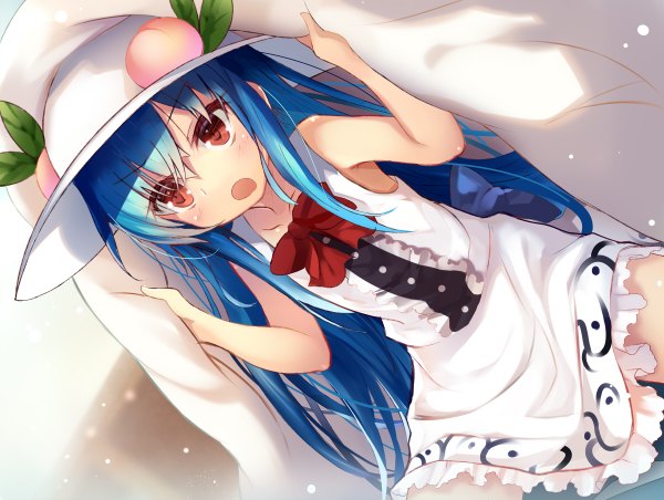 Anime picture 1200x904 with touhou hinanawi tenshi efe single long hair blush fringe open mouth hair between eyes red eyes bare shoulders holding blue hair looking away :o sleeveless adapted costume >:o girl dress