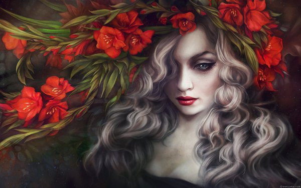 Anime-Bild 1024x640 mit original vinegar (artist) single long hair fringe blue eyes signed looking away hair flower lips grey hair hair over one eye realistic lipstick portrait wavy hair pale skin eyeshadow red lipstick girl